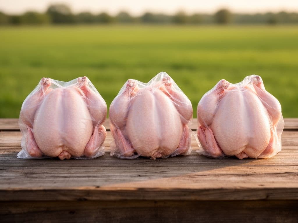 Three fresh whole chickens in clear packaging on a farm table