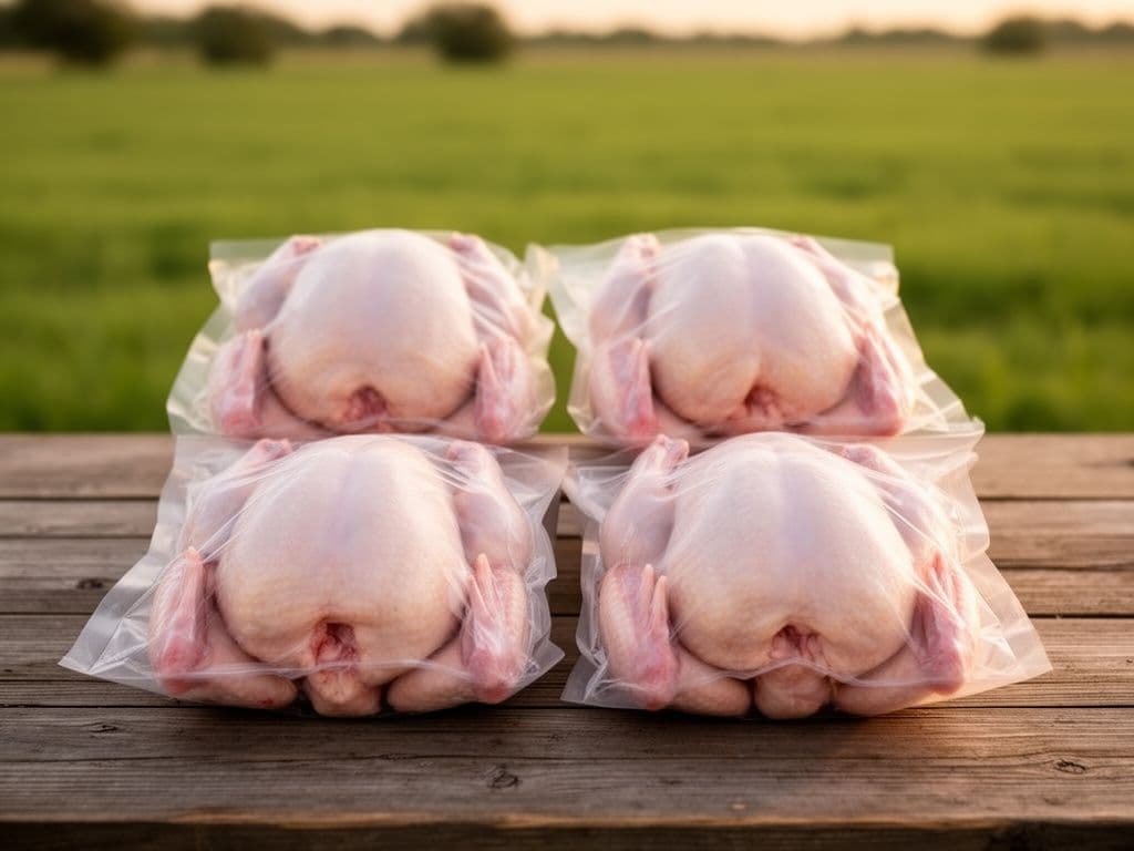 Four fresh whole chickens in clear packaging on a farm table