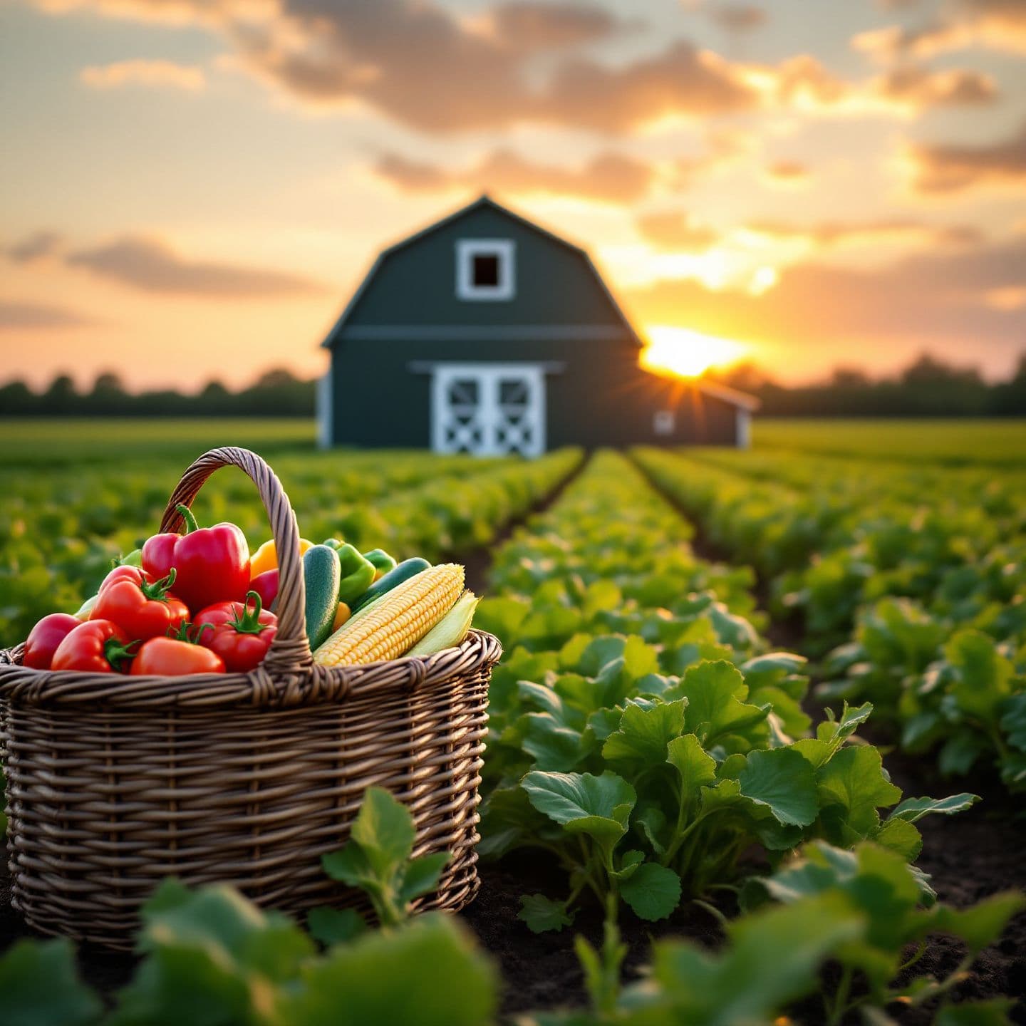 A Mississippi farm at sunset with a barn overlooking crop rows, and a basket of fresh-picked vegetables in the foreground